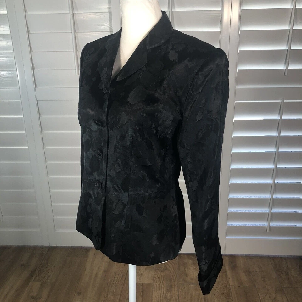 Blazer Chaqueta Musgo Vintage Años 90 B Mujer Talla 4 Negro Jacquard Noche Cóctel Foto 3 de 4