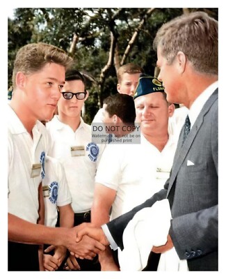 PRESIDENT JOHN F. KENNEDY SHAKING HANDS WITH BILL CLINTON 8X10 PHOTO