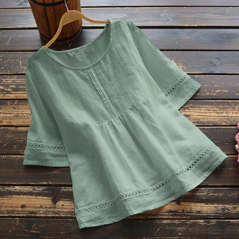 Women Loose Casual Blouse Ladies Tops Summer Cotton Linen T-Shirts