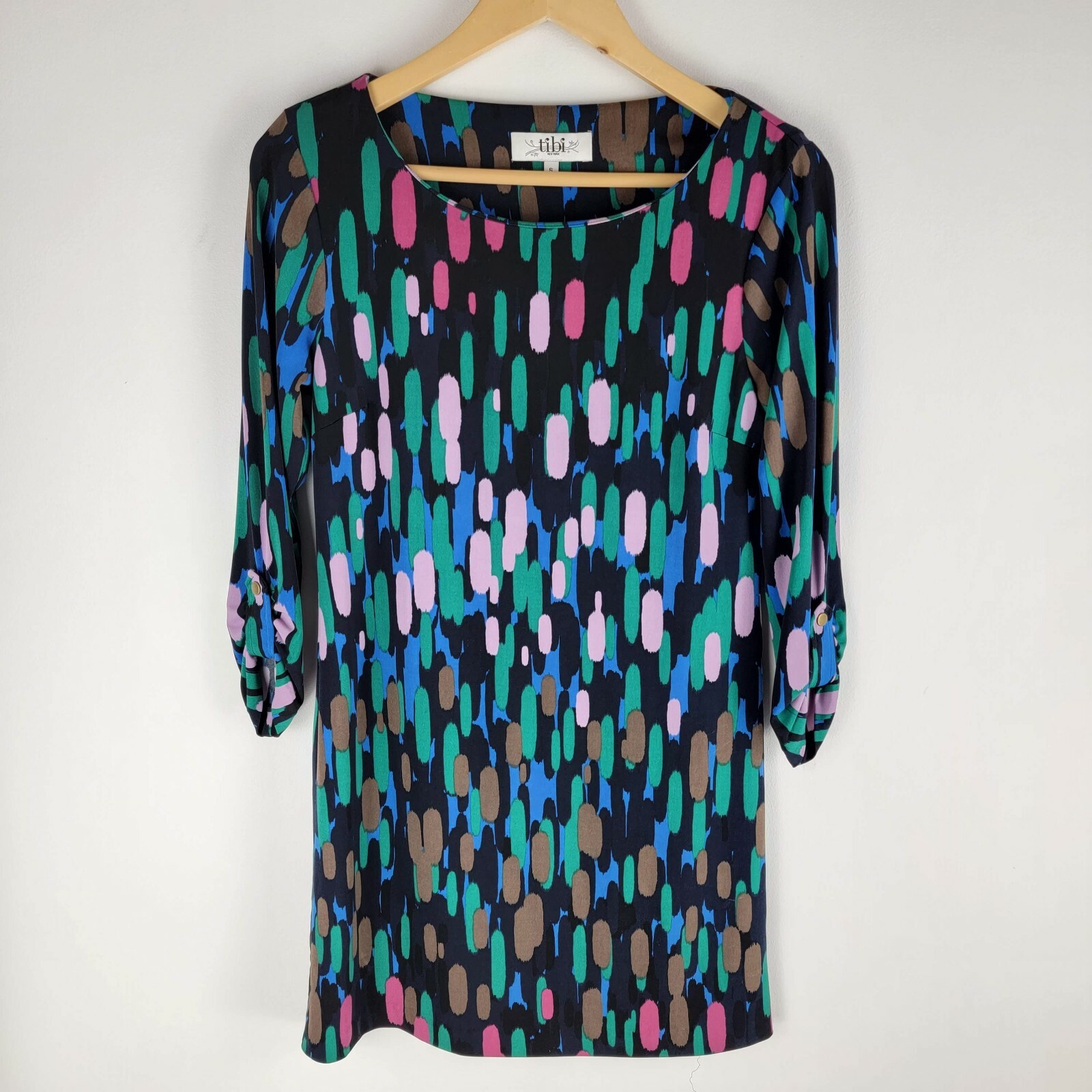 Tibi womens abstract print shift dress roll-tab sleeves mini crew neck size small