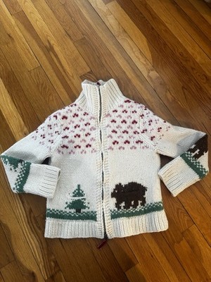Vintage American Eagle Handknit Wool Blend Sweater Bear Tree Full Zip Youth L
