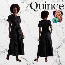 Quince Organic Cotton Tiered Maxi Dress Black Smocked Waist Women's Medium