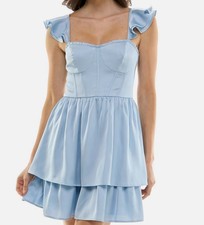 Crystal Doll Women's Blue Sweetheart Neck Ruffle Sleeve Dress Juniors Size S