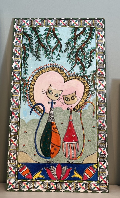 Hand Painted Acrylic Art Piece Cats In Heart Folk Art 3D On Board