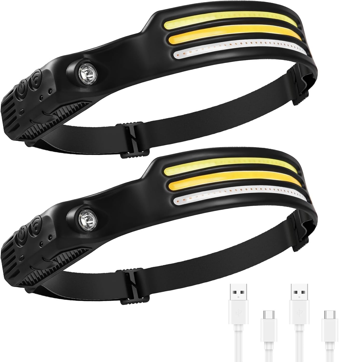 2PCS LED Head Torch, USB Headlamp Flashlight Rechargeable 2 COB 230°Wide Beam