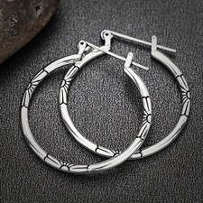 Silver Etched Skinny Hoop Earrings Delicate Flower Retro Classic Fashion Jewelry