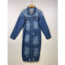 Womens Distressed Denim Maxi Jean Dress Long Sleeve Button Down Blue Size L