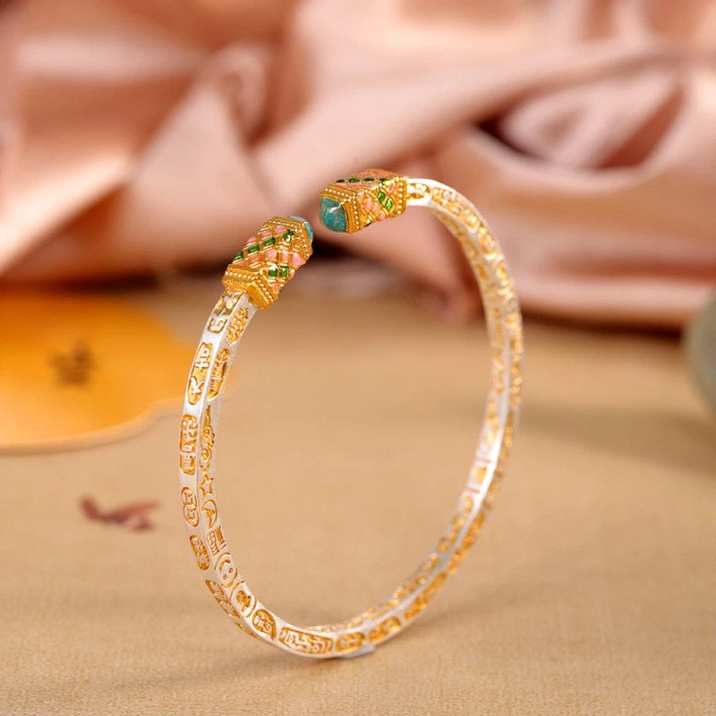 Versatile 25 Gram Fine Silver Bangle Gold Gilding Good Fortune Words Adjustable - Image 4 of 4