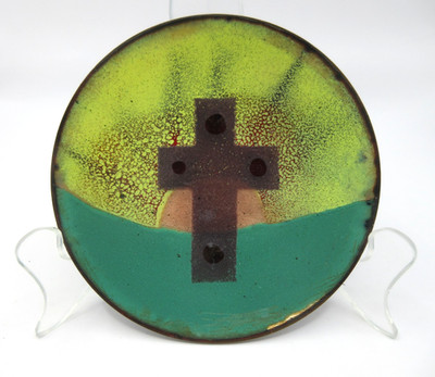 5'' Vtg 70s Artisan Handmade Enamel on Copper Dish Cross Sunrise Christian Plate