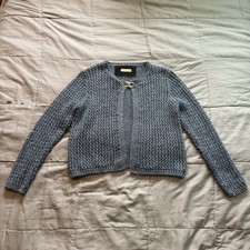 Blue chunky Lace knit cardigan Mohair Gold Buckle quiet luxury dark romance 