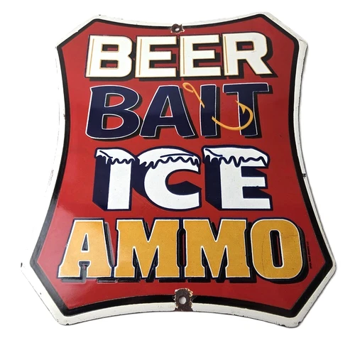 Vintage Beer Bait ICE Ammo Porcelain Sign - Bait Shop Gas Station Sign