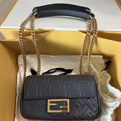 Fendi Baguette Gray Embossed Zucca Shoulder Bag Gold Chain Magnetic Small