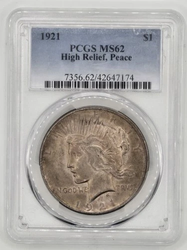 1921 Peace Dollar PCGS MS62 High Relief Key Date Low Mintage Rare 1921 TONER