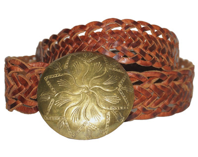 ARTISAN CRAFTED Tan Brown-Burnished Woven Leather Belt 36'' - 40''