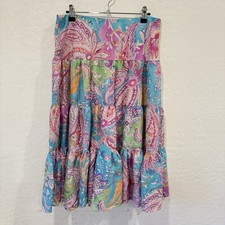 Lauren Ralph Lauren Paisley Midi Skirt Women Medium Silk Stacked Ruffle Colorful