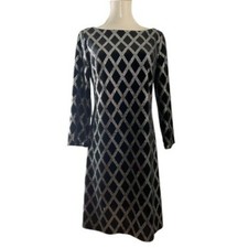 JN Evening's Black Silver Diamond Pattern Long Sleeve Midi Dress Size 6
