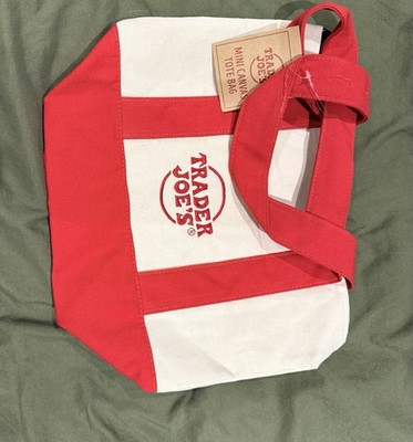 Trader Joe's Mini Canvas Tote Bag Small Red White Foldable Canvas Solid