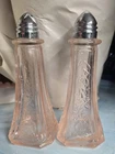 Salt and Pepper Shaker Set Pink Depression Glass with Metal Lids  4-1/2" Tall