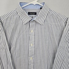 Nautica Dress Shirt Mens Size XL 17.5 34/35 White Blue Striped Long Sleeve