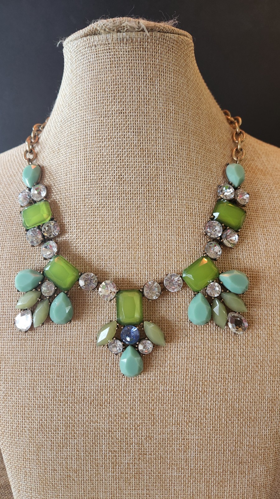 J CREW Signed antiqued Goldtone With Green & Clear W/ Blue Accent Rhinestone
