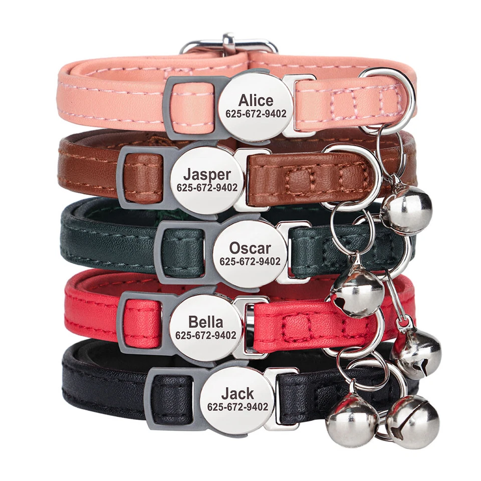 Collar de gato personalizado cachorro gatito grabado etiqueta de nombre cuero suave ajustable Foto 3 de 4