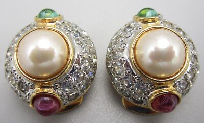 LOVELY VOGUE BIJOUX GOLDTONE FAUX PEARL POURED ''GRIPOIX'' GLASS CLIP ON EARRINGS