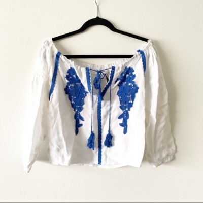 Line and Dot Blouse Womens Size XS Peasant Embroidered Valor Off The Shoulder