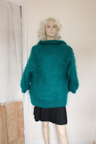 Vtg Handknitted turquoi mohair lined oversized cardigan jacket size M/12–14 80s - Picture 16 of 16