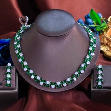 Silver Plated Green Zircon Leaf Drop Earrings Necklace Women Wedding Jewelry Set