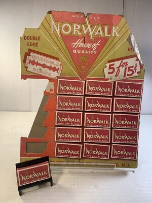 Vintage c. 1950 Norwalk Razor Blade Store Counter Display Advertising 16 Boxes