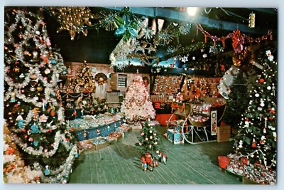 c1960 Putney Vermont VT Postcard Santa's Land Holiday Lights Christmas Tree Shop