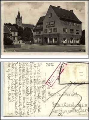 EPPENDORF Sachsen um 1940 Strasse Kreuzung Betriebsamt AK gelaufen Nachgebühr