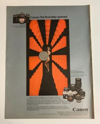 Canon F1 FTb Camera FD FL Lenses 1973 Vintage Print Ad Nude Model Lady