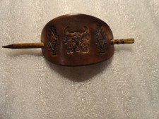 Vintage Embossed Leather Hair Clip Wood Stick Ponytail Holder Barrette 1970s