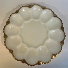 Vintage Anchor Hocking Milk Glass Deviled Egg Plate Serving Platter Gold Trim