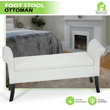 White Rectangle Storage Bench Soft PU Leather 25"Footstool Bedroom w/Rolled Arms