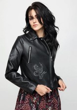 Disturbia - Elemental Embroidered Faux Biker Leather Jacket - Goth Size M