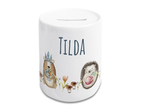 Spardose Kinder Jungen mit Namen Geldgeschenk personalisiert Waldtiere Geschenk - Foto 1 di 8