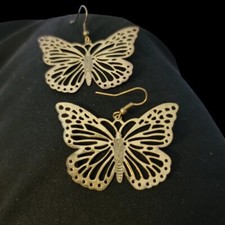 Vtg Bronze Gold Tone Metal Butterfly Earrings Filigree Reticulated Hook Delicate