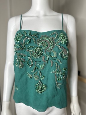 Epic vintage 90s dries van Noten Green Silk Beaded Top Sleeveless Strappy S M