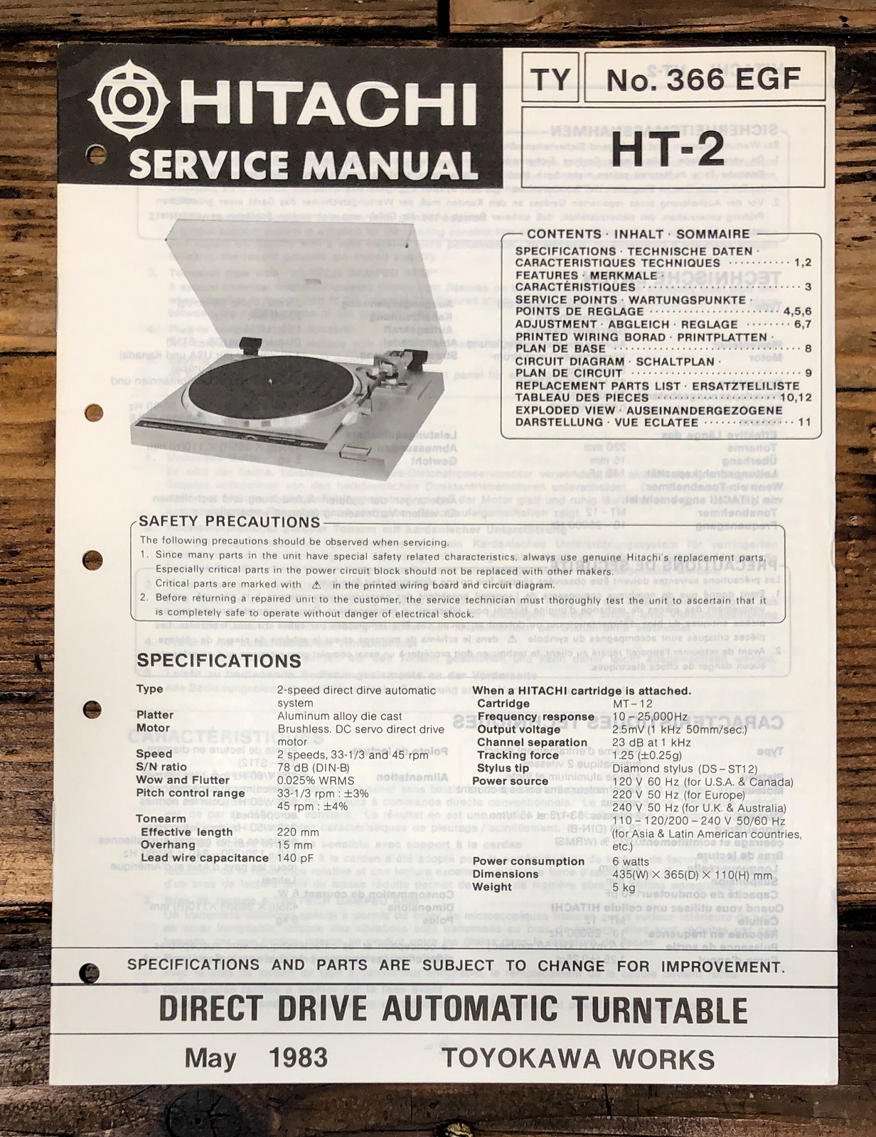 Hitachi HT-2 Record Player / Turntable Service Manual *Original*