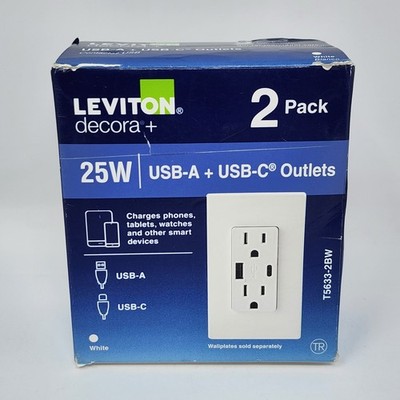 Leviton Decora 25W Duplex Outlet wiTypUSB-A & USB-C Outlets T5633-2BW (2 Pack)