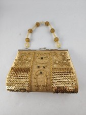 Bijoux Terner Gold Beaded Sequin Evening Bag Purse Kiss Lock Top Handle Vtg Prom