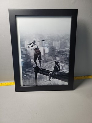 Golfing on top of Skyscraper  Black White Wall Art Poster Print, Framed, 18''x14''