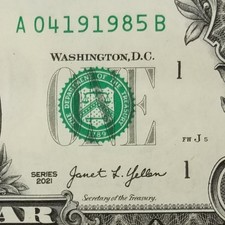 Uncirculated Birthday Note April 19, 1985 Serial Number 04191985 Dollar Bill A B