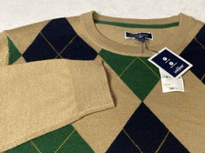 NEW Club Room Sweater Mens XL Merino Wool Blend Diamond Argyle Brown Green