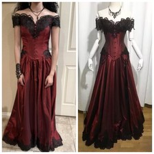 Gothic Burgundy Black Satin Wedding Dress Lace Applique Off Shoulder Bridal Gown
