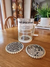 Gemco Hand Crank Food Processor Grater 3 Blades Glass Base