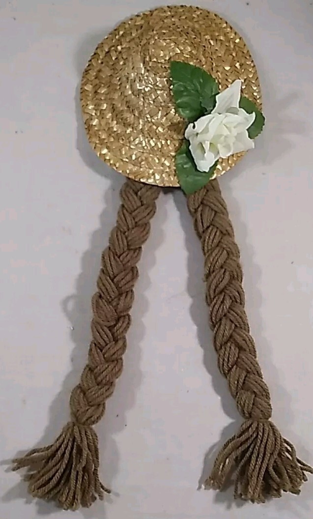 PONY Cappello bambola vintage in paglia con cauzione fiore bianco e coda di cavallo marrone