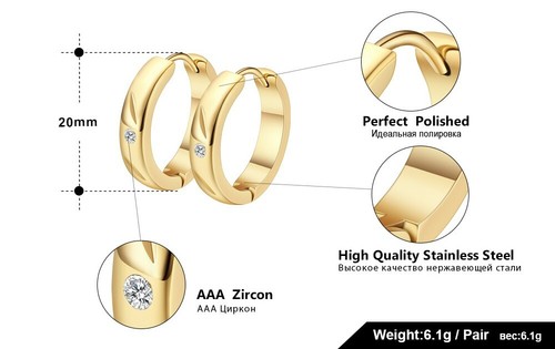 Damen Edelstahl Ohrringe Klapp-Creolen Zirkonia Gelb Gold Ohrschmuck Rhodiniert - Picture 4 of 4